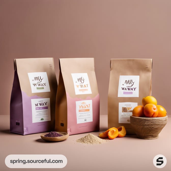 Three resealable pouches with pastel labels and ingredients displayed in bowls.