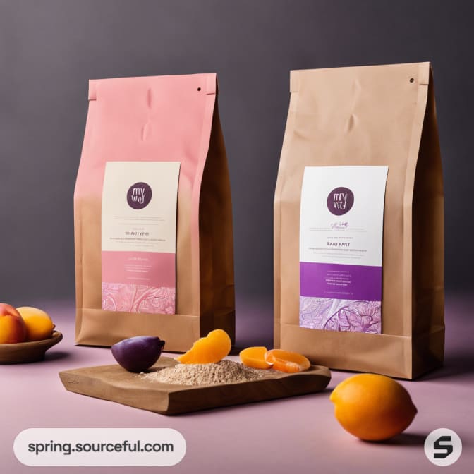 Two resealable pouches with fruits and grains on purple surface.