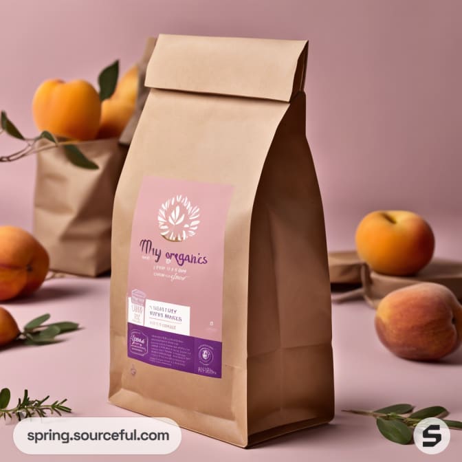 Kraft pouch with pastel label surrounded by apricots and peaches.