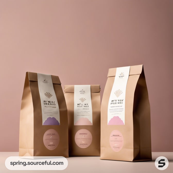Three kraft pouches with minimalist pastel labels on pink backdrop.