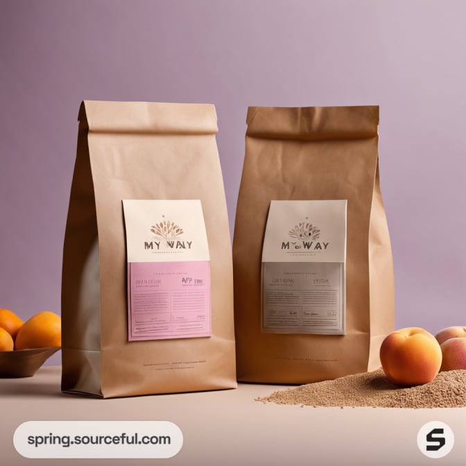 Two kraft pouches with apricots and grain on lavender surface.