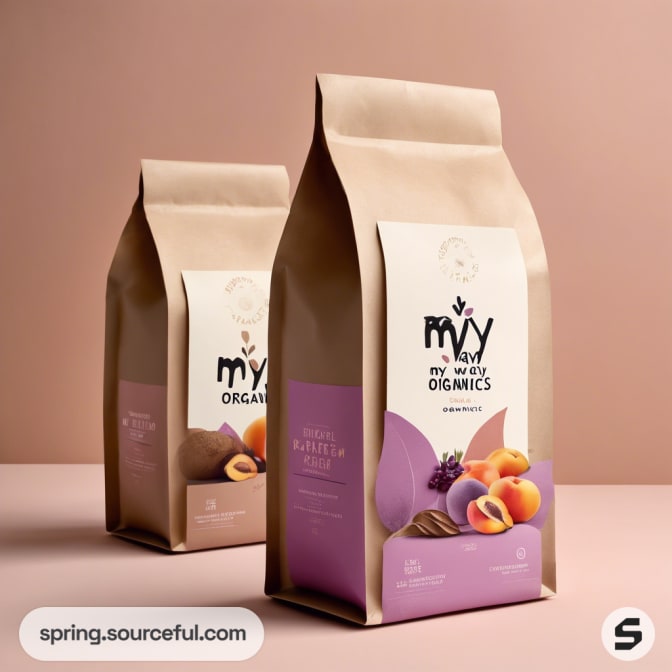 Two kraft pouches with purple labels and fruit illustrations.