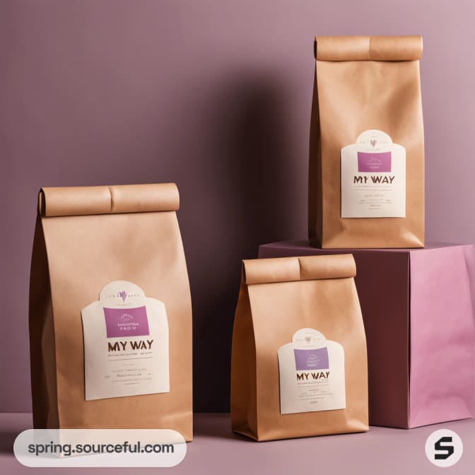 Three kraft pouches with purple and white labels on a purple background.