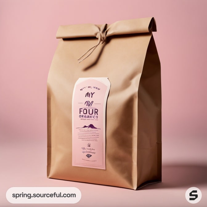 Large kraft bag with pink label on a pink backdrop.