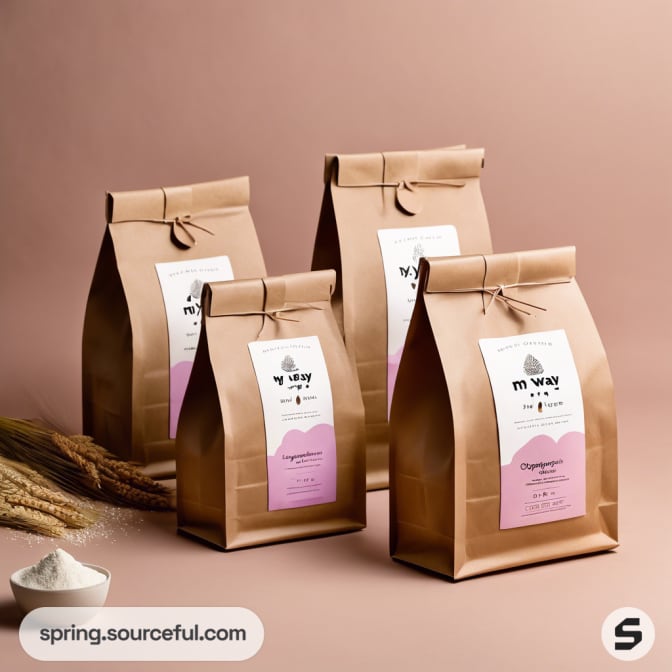 Four kraft pouches with pastel labels and grains on beige backdrop.