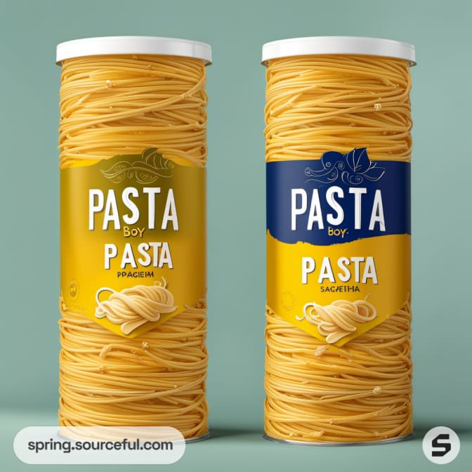 Two cylindrical pasta packages in yellow and blue designs on a green background.
