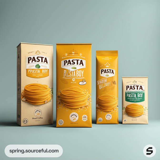 Four pasta boxes in varying sizes and colors with distinct pasta designs.