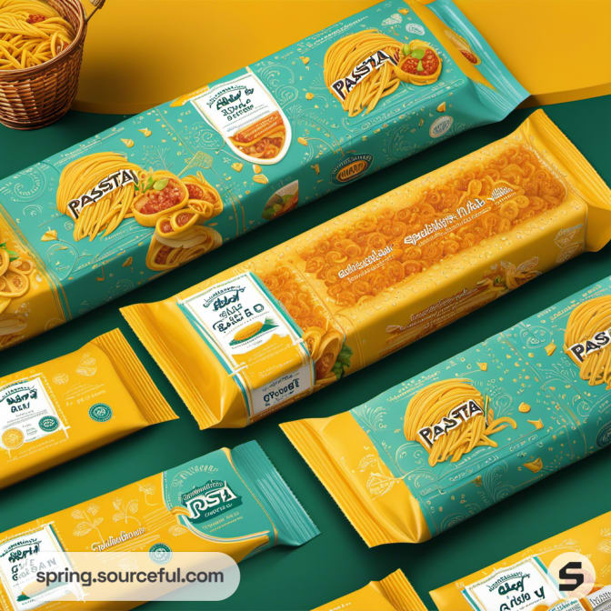 Assorted teal and yellow pasta packages with pasta imagery on a colorful backdrop.