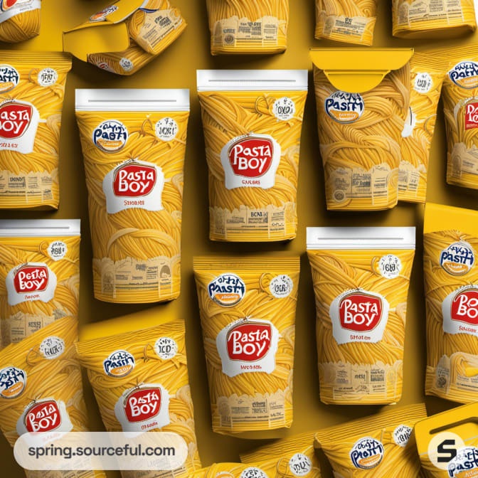 Numerous yellow resealable pouches with red labels packed with pasta on a yellow background.