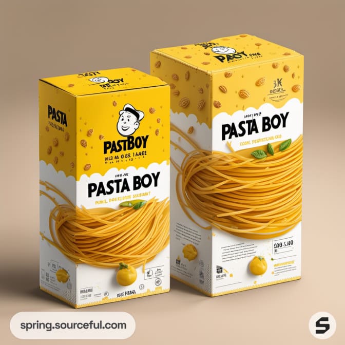 Two rectangular pasta boxes with cartoon chef illustration and spaghetti graphics.