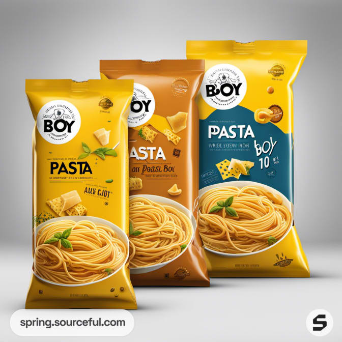 Three vertical pasta bags in yellow, brown, and orange with spaghetti and cheese designs.