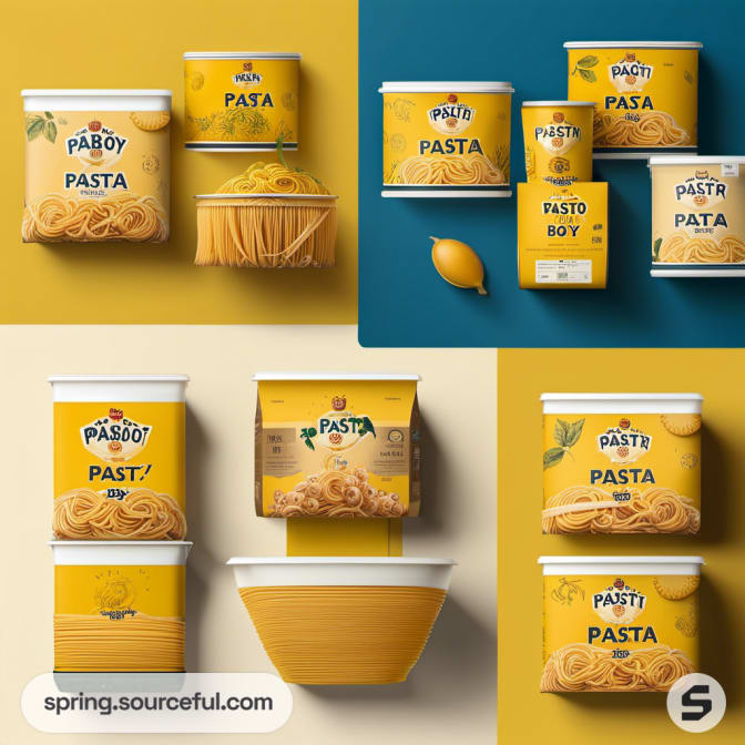 Multiple pasta containers in yellow and blue colors with lone pasta strands on display.