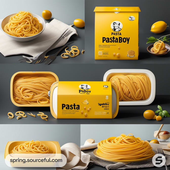 Yellow pasta boxes with black chef image, spaghetti displayed with lemons and herbs.