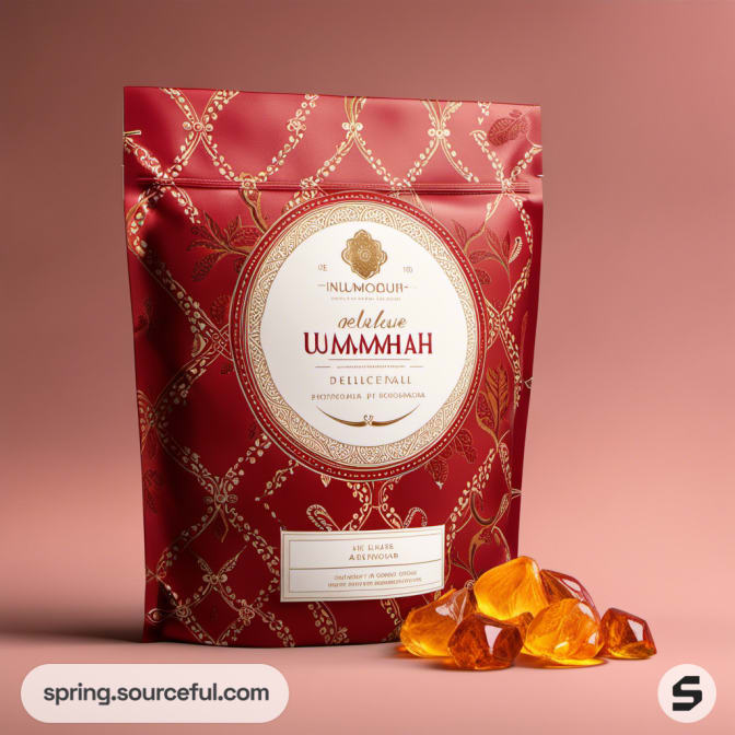 Red resealable pouch with decorative design and amber candies on a peach background.