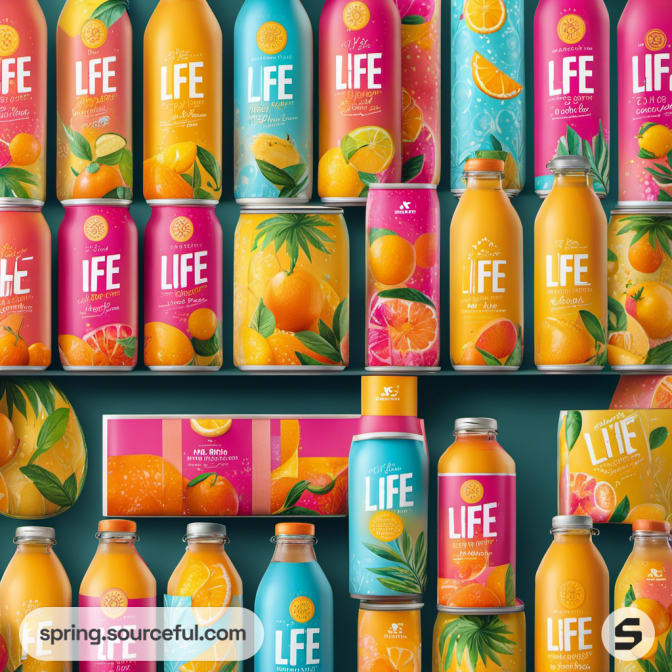 Assorted colorful beverage bottles and cans with fruit designs on shelves.