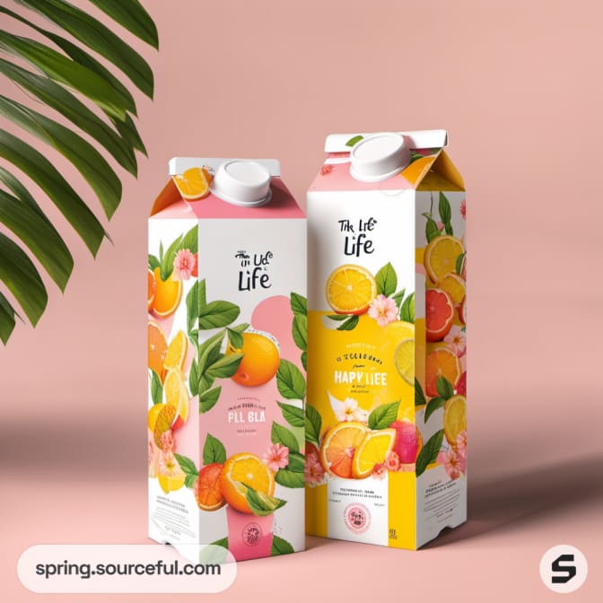Two beverage cartons with fruit and floral designs on a pink background.
