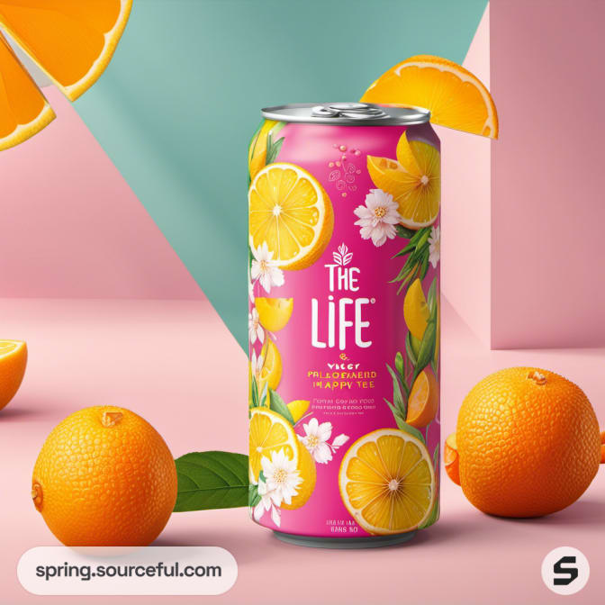 Single beverage can with a floral and citrus design on a geometric background.