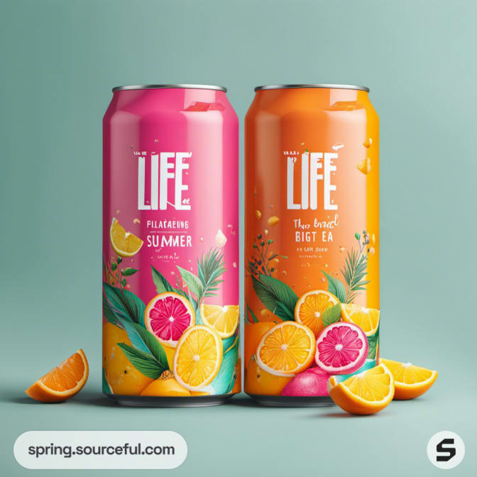 Two colorful beverage cans featuring citrus designs on a blue background.
