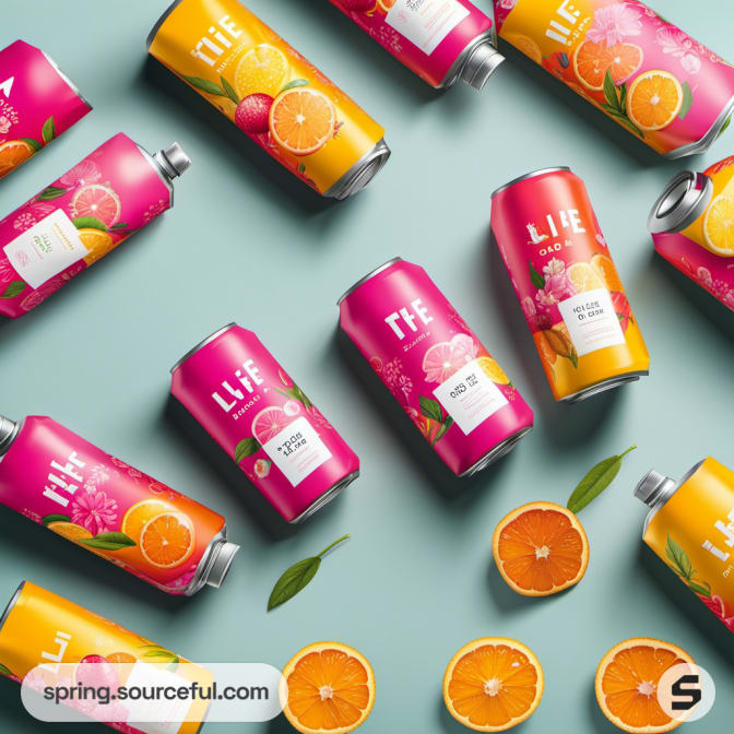 Multiple beverage cans with citrus designs arranged on a light green surface.