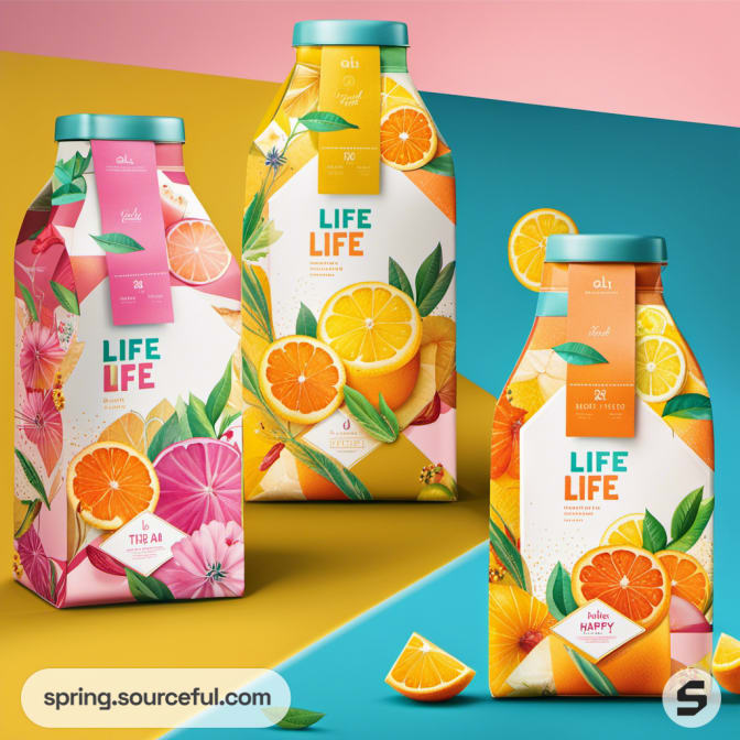 Three beverage bottles with vibrant floral and citrus designs on a split color background.