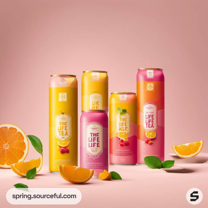 Five beverage cans in pink and yellow hues with citrus fruits on a pink background.