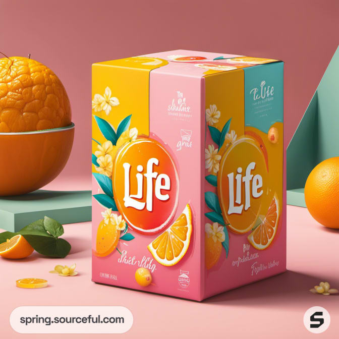 Beverage packaging box with citrus and floral designs on a pink backdrop.