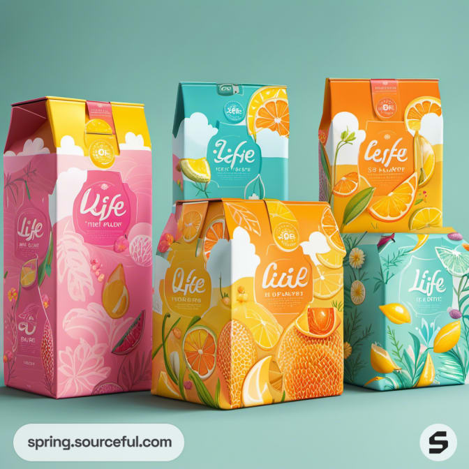 Various colorful beverage cartons with fruit and floral designs on green background.