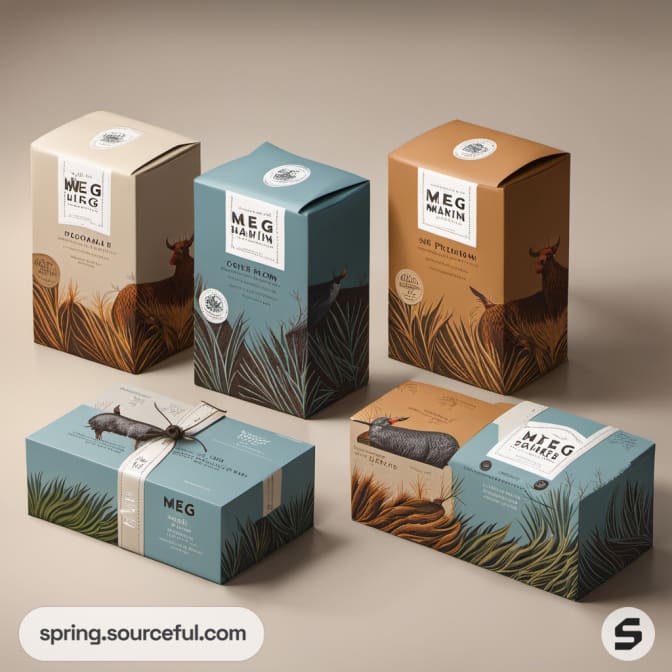 Various rustic-themed boxes with animal illustrations.