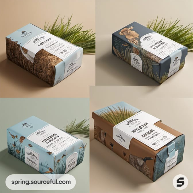 Four boxes with natural designs and animal images.