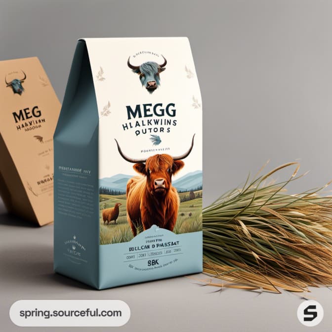 Blue and brown stand-up pouch with cow illustration.