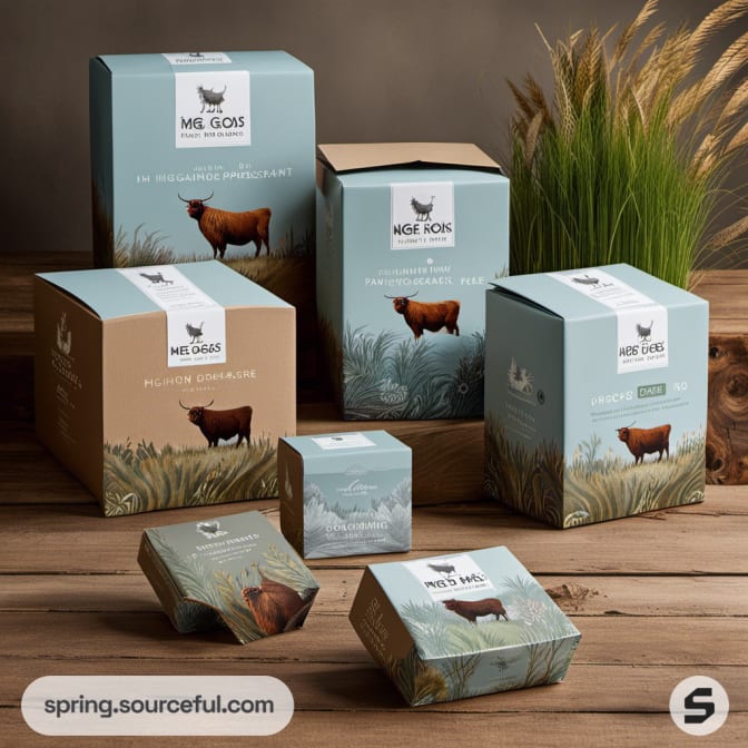 Assorted boxes with pastoral scenes and cow images.