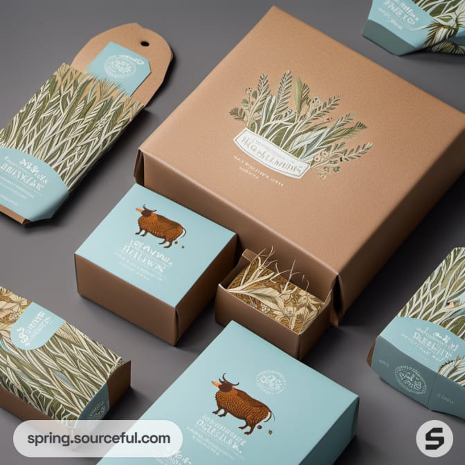 Brown mailer box with grass and cow decorations.