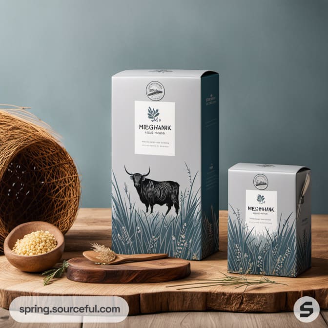 Two boxes with a cow and grass motifs, rustic style.