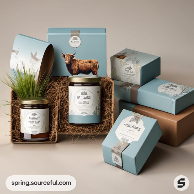 Gift set with jars and boxes in cow-themed packaging.