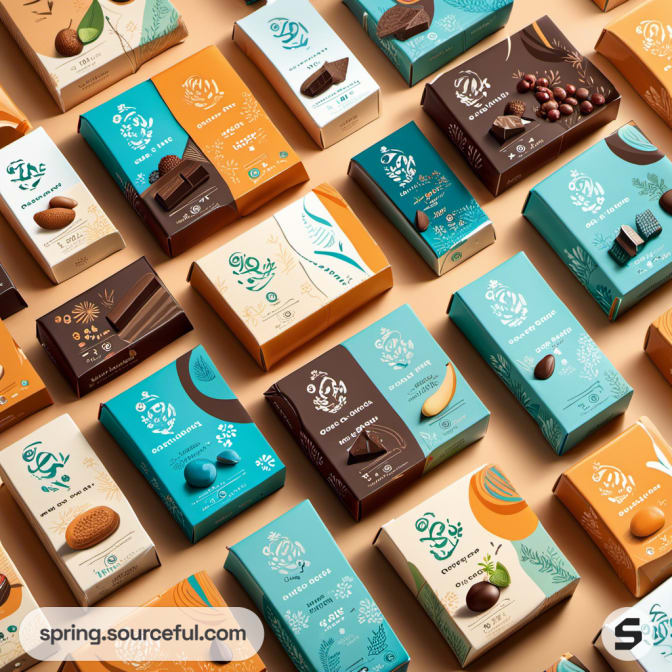 Variety of chocolate packaging in orange, blue, and brown