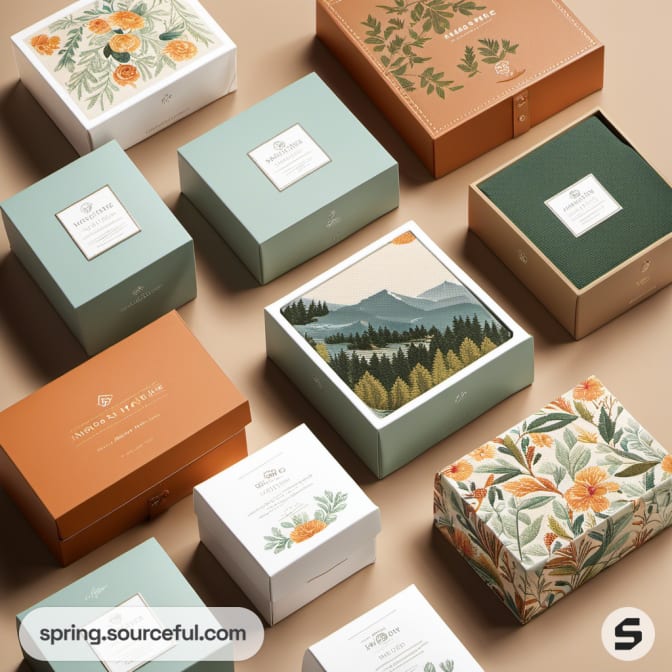 Nature-inspired gift boxes with floral and landscape designs.