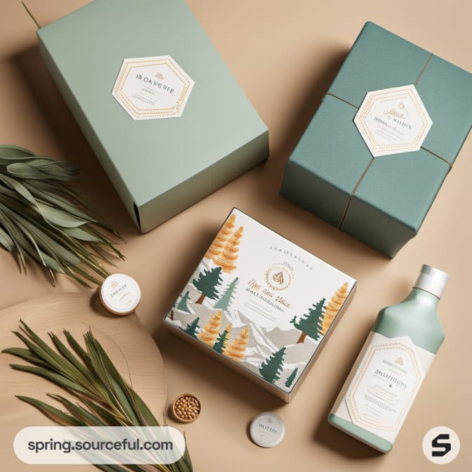 Green packaging with nature motifs and product bottles.