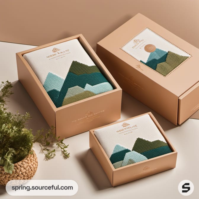 Boxes featuring mountain designs in muted colors.