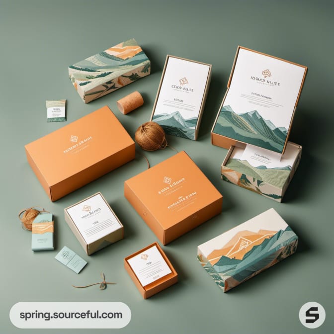 Nature-themed gift packaging with mountain art designs.