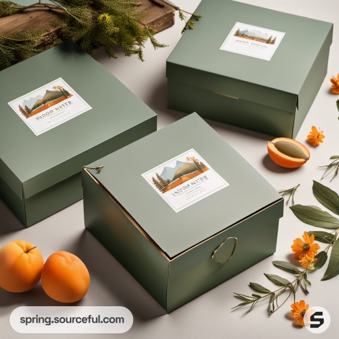 Green gift boxes with scenic illustrations and natural elements.