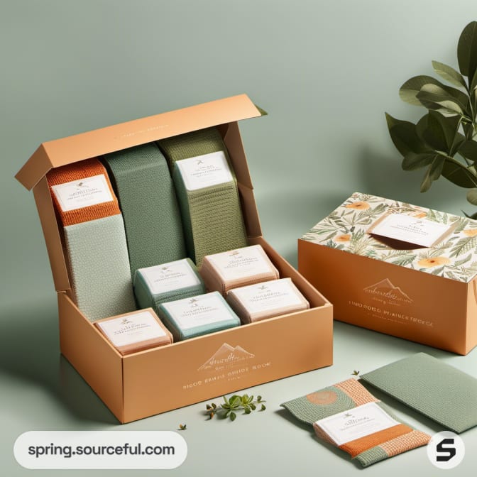 Open box displaying neatly organized textile products in pastel colors.