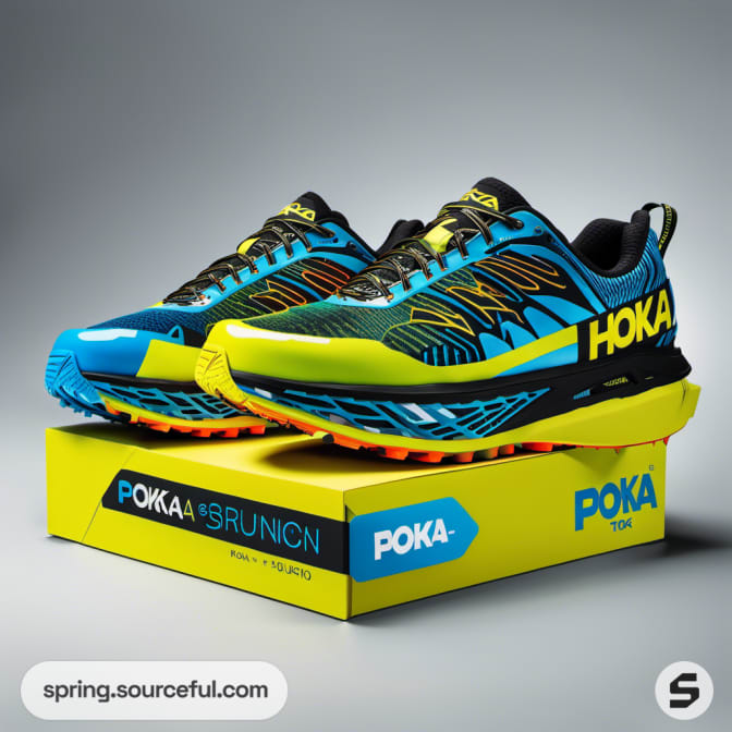 Dynamic sneakers on a yellow and blue box.