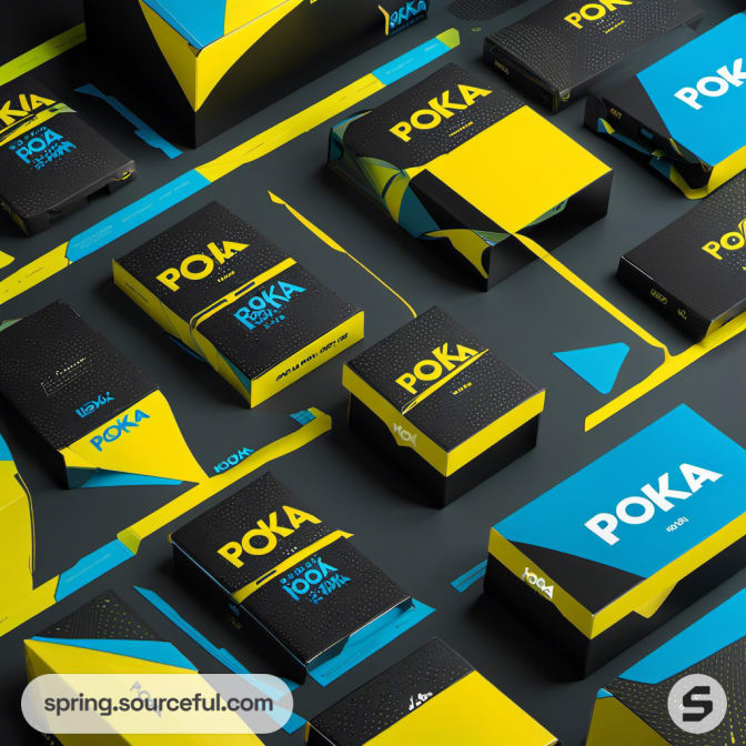 Array of colorful packaging boxes and designs.