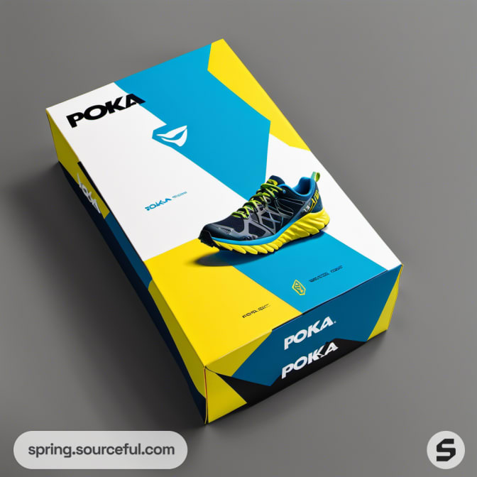 Stylish sneaker box with blue and yellow colors.