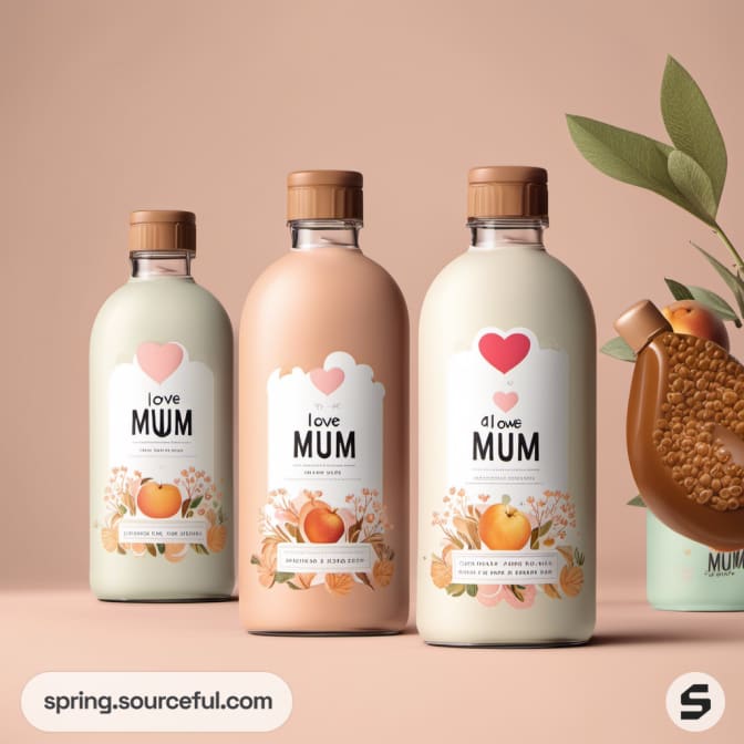Bottles with 'Love Mum' label, heart design, peach color scheme.