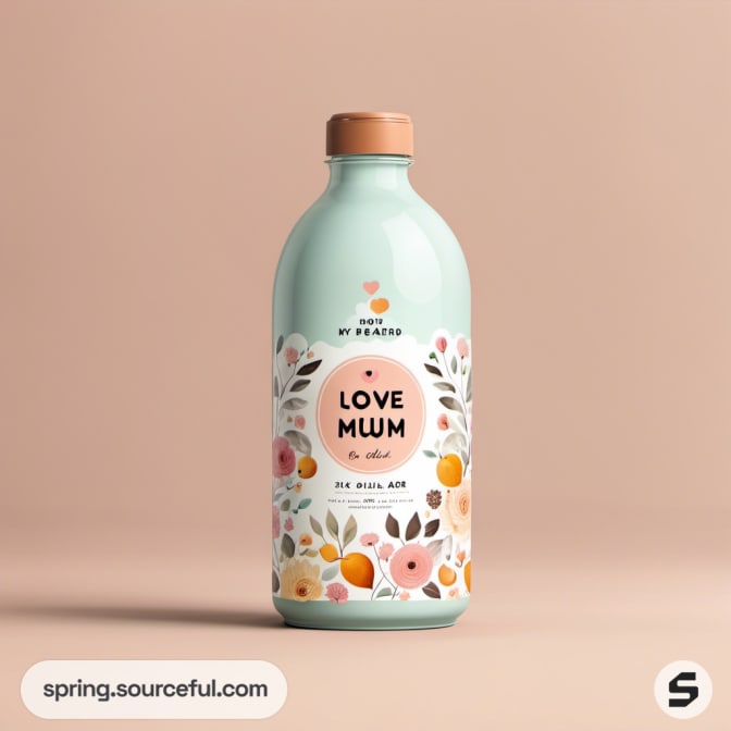 Green bottle with floral label, 'Love Mum' text.