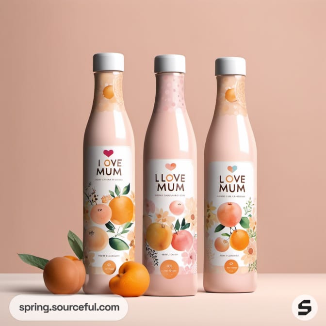 Three peach-colored bottles with fruit illustrations.