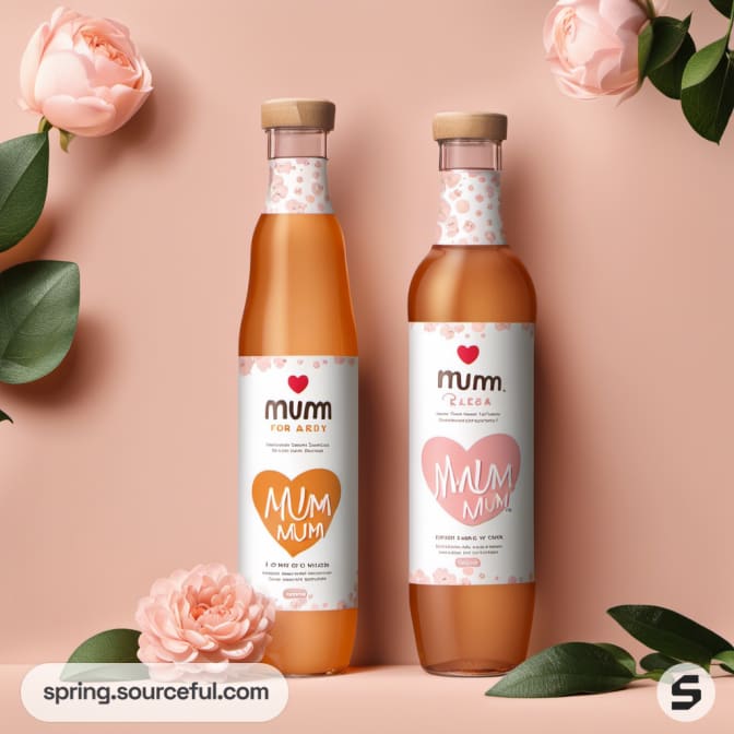 Two bottles with heart designs, pink flowers, and leaves.