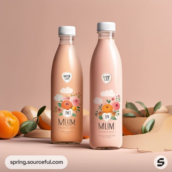 Peach-themed bottles with floral designs and 'Mum' text.