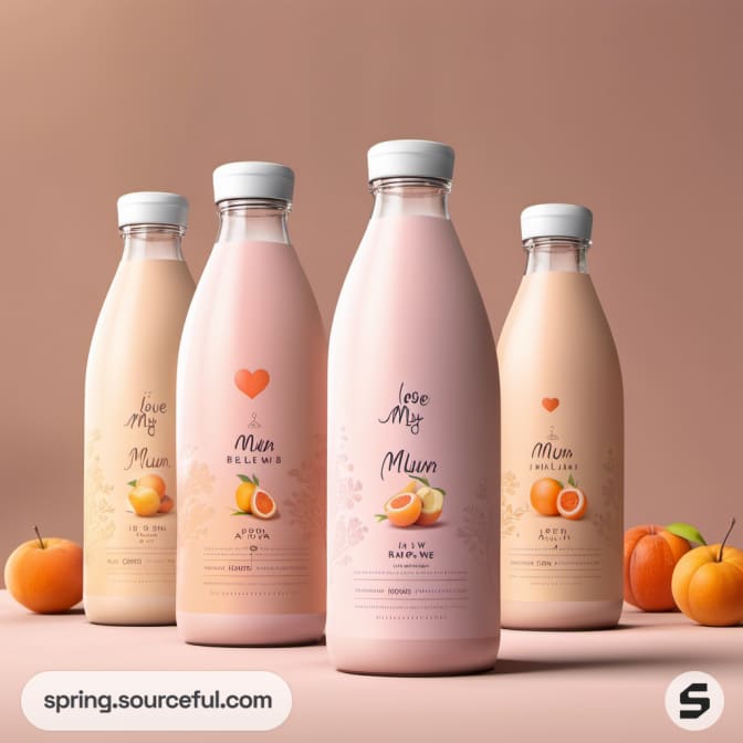 Peach-colored bottles with fruit illustrations, 'Mum' label.